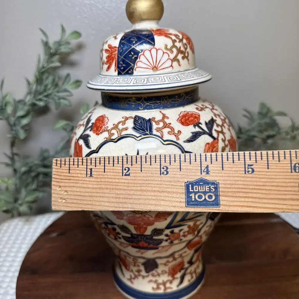 Vintage LJ Japan Imari Style Ginger Jar Lidded Vase Crackle Glaze Chinoiseri 11”